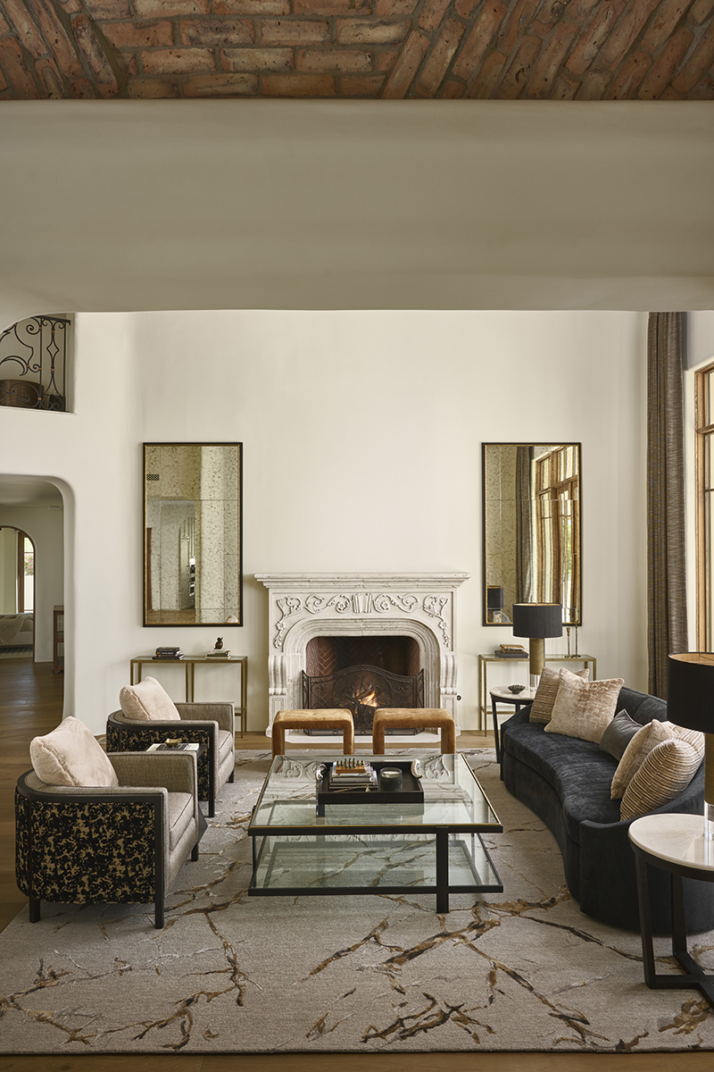 The view of the living room from the dining room of the Paradise Estate in Paradise Valley, Arizona.