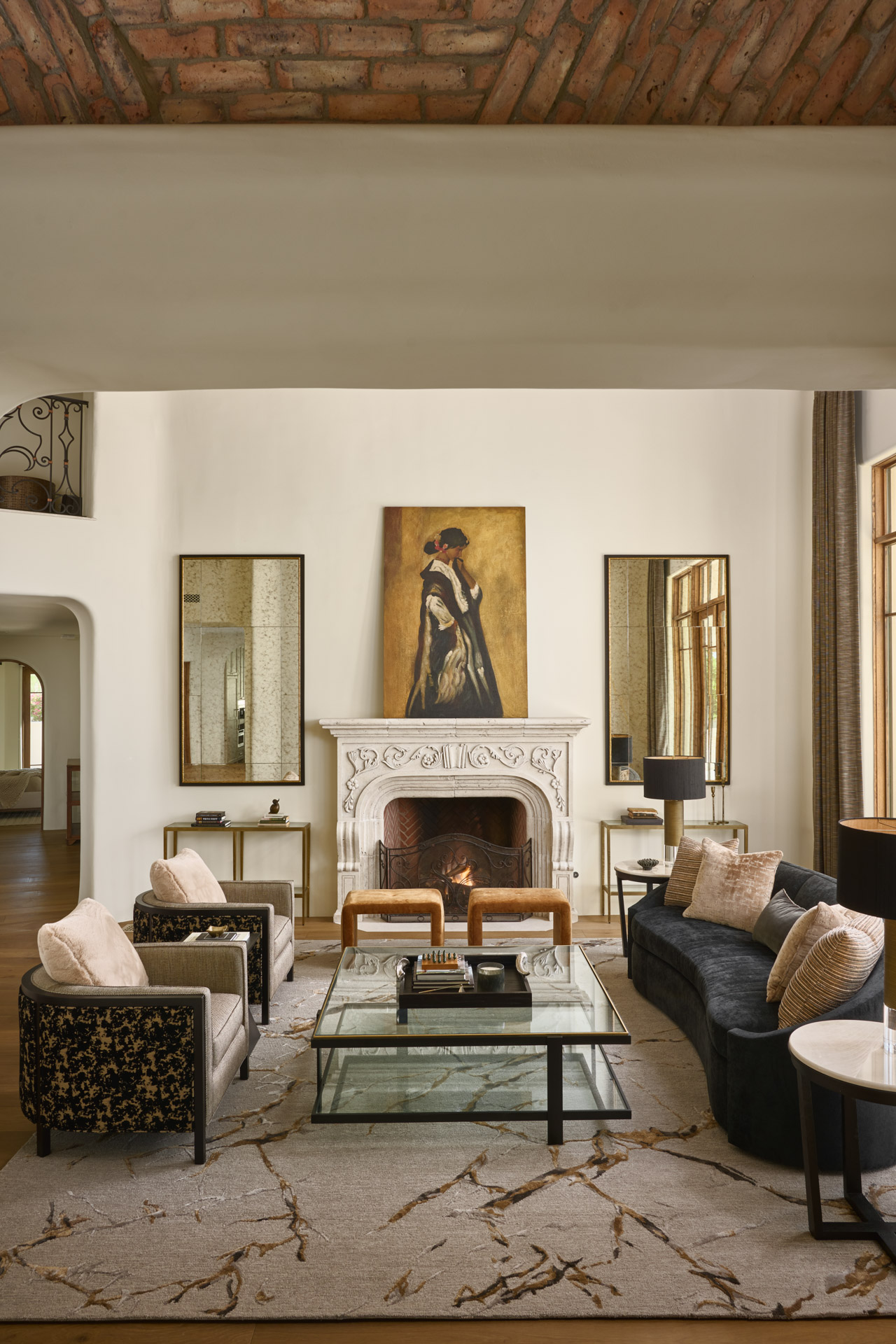 The view of the living room from the dining room of the Paradise Estate in Paradise Valley, Arizona.